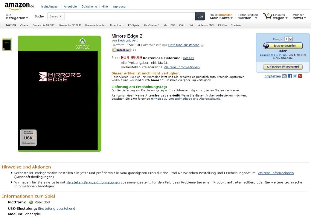 Mirror's Edge 2 появился в интернет-магазине Amazon - Изображение 1 Mirror's Edge 2 появился в интернет-магазине Amazon - Изображение 1