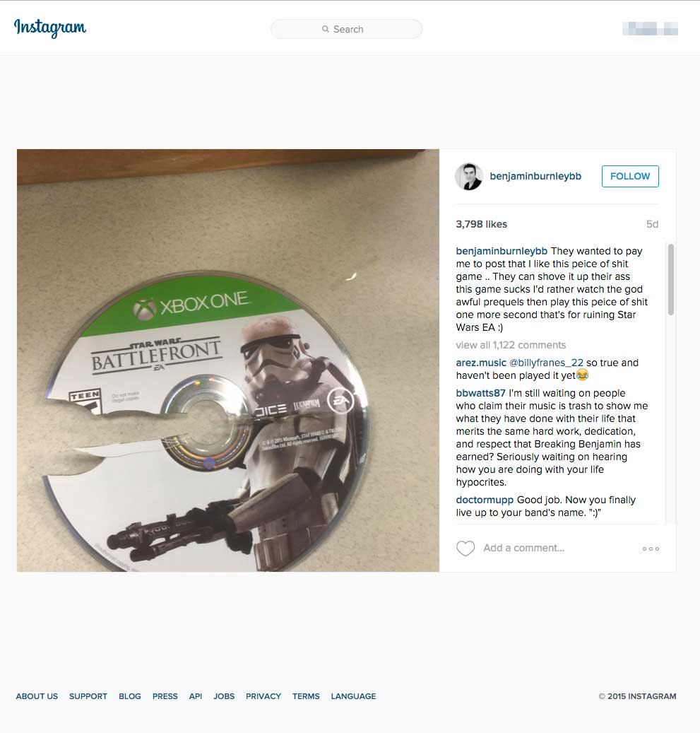 Музыкант Бенджамин Бернли назвал Star Wars Battlefront «куском дерьма». - Изображение 1 Музыкант Бенджамин Бернли назвал Star Wars Battlefront «куском дерьма». - Изображение 1